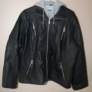 Black hooded faux leather jacket.